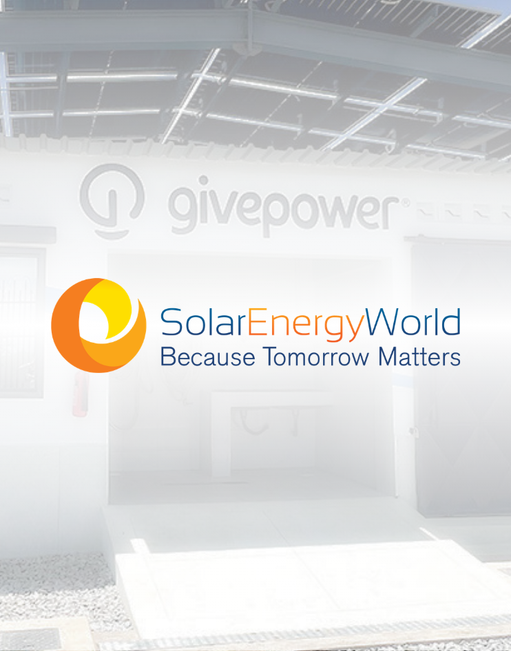 SolarEnergyWorld and givepower logos on a building, with the tagline Because Tomorrow Matters visible.
