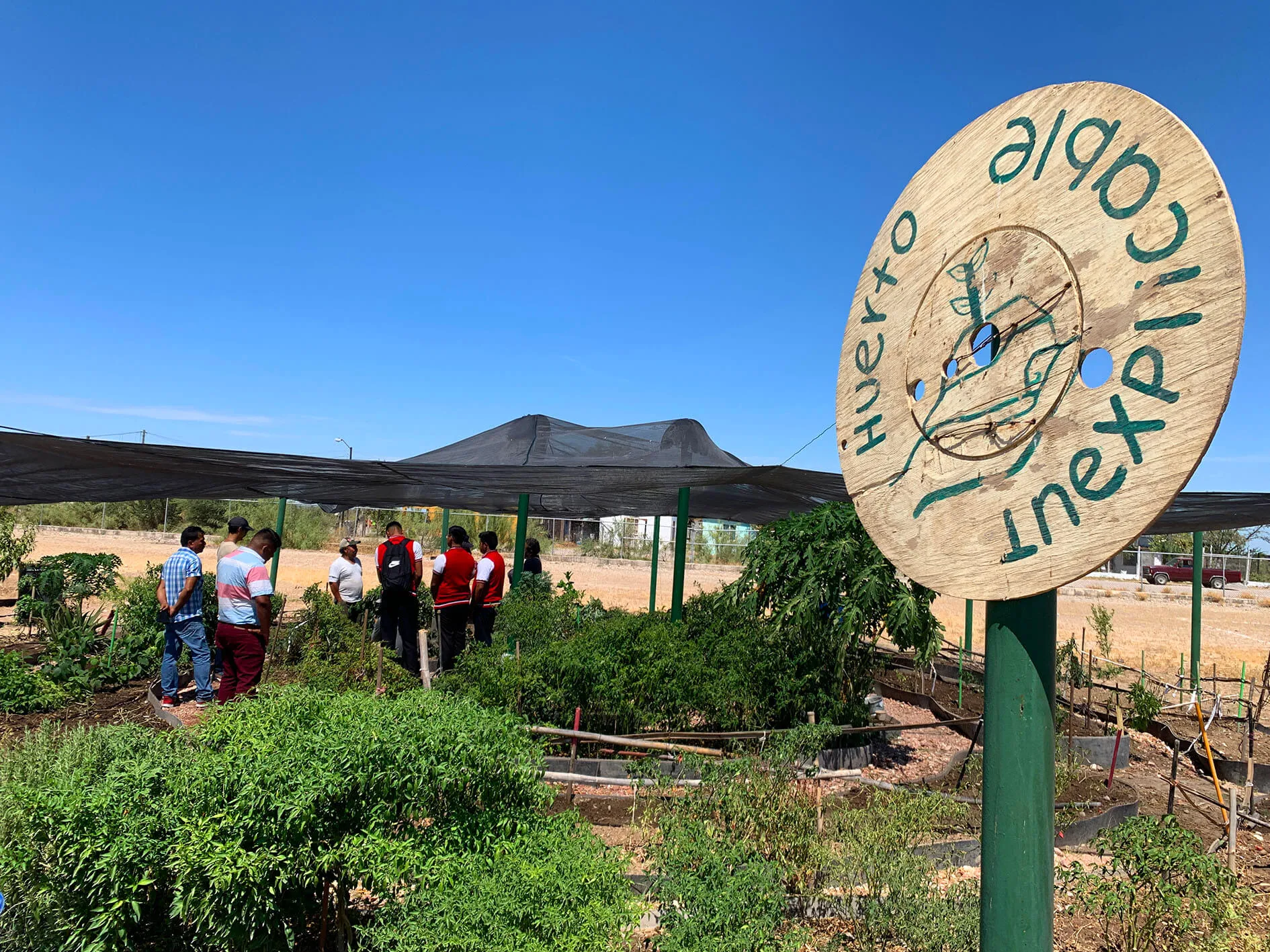 People gather in a garden under shade cloth, with a wooden sign labeled Huerto Inexplicable in the foreground.