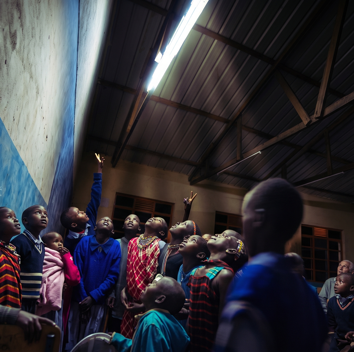 Students looking up at a newly lit classroom light
