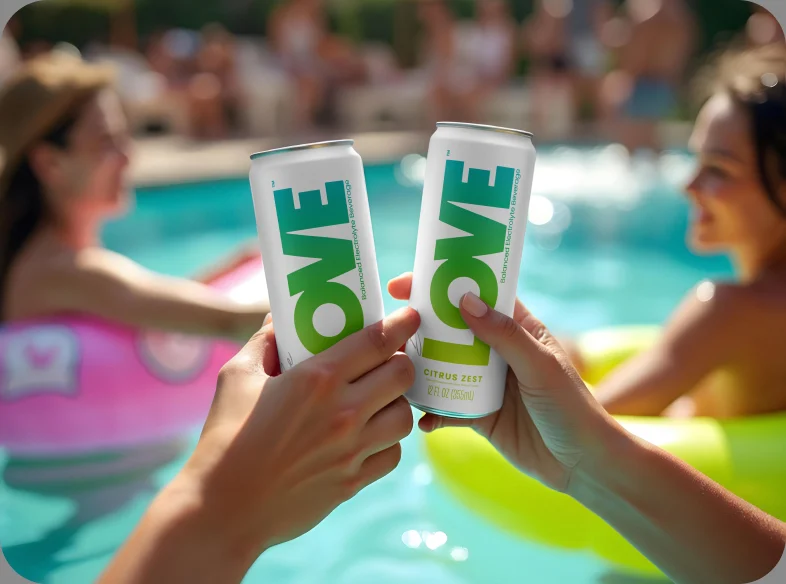 Two cans of Be LOVE water held up together beside a pool